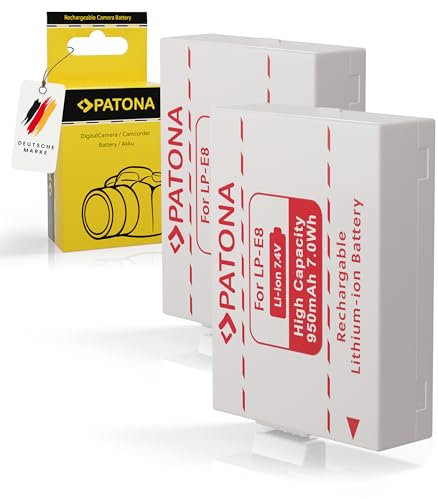 PATONA 2X LP-E8 Akku 950mAh Ersatzakku kompatibel mit Canon EOS 550D 600D 650D 700D Rebel T2i T3i T4i T5i Kiss X4 X5 X6i X7i Battery Pack LPE8 LP E8 LPE 8
