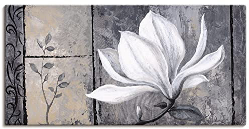 ARTLAND Wanddeko Leinwand Bilder Wandbild 150 x 75 cm Botanik Blumen Magnolie Malerei Schwarz Weiß A3GE Klassische Magnolie