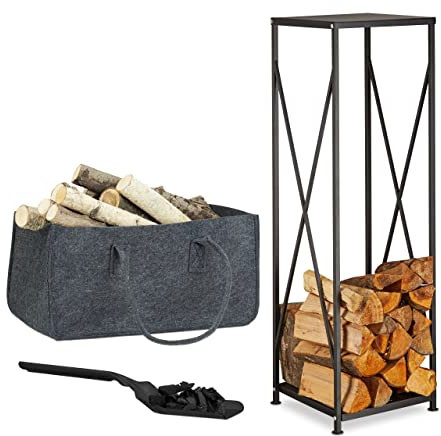 Relaxdays 3 TLG. Kamin-Set, Kaminholztasche, Kaminholzregal, Kohlenschaufel, Filz, Stahl, faltbar, pulverbeschichtet, schwarz/grau