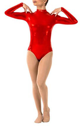 IMEKIS Damen Ballettanzug Langarm Bodysuit Glänzend Body Wetlook Ballett Tanzbody Leotard Gymnastik Turnanzug Gymnastikanzug Einteiler Metallic Trikot Oberteile Top Sport Fitness Kostüm Rot XL