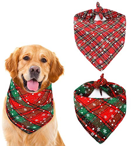 QKURT Hunde-Halstuch mit weihnachtlichem Karomuster, klassisches Schneeflocken-Design, dreieckig, für kleine, mittelgroße und große Hunde, Katzen, Haustiere, 2 Stück