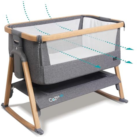 Tutti Bambini CoZee® Air Extra Breathable Next To Me Crib & Standalone Baby Cot - Baby Rocker with Deluxe Airflow Mattress, Easy Fold Bed, Travel Cot with Mattress (0-6 Months) - Oak/Charcoal