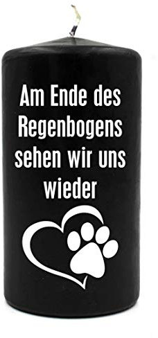 WB wohn trends Trauer-Kerze, Am Ende des Regenbogens... Hund Katze Tier-Pfote, schwarz weiß, 15cm d=8cm, Spruch-Kerze Gedenk-Kerze