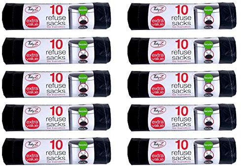 TidyZ 10 x Extra Strong Swing Bin Liners with Tie Handles Refuse Sacks Black 50 Litres - 94 x 120cm (100 Bags)