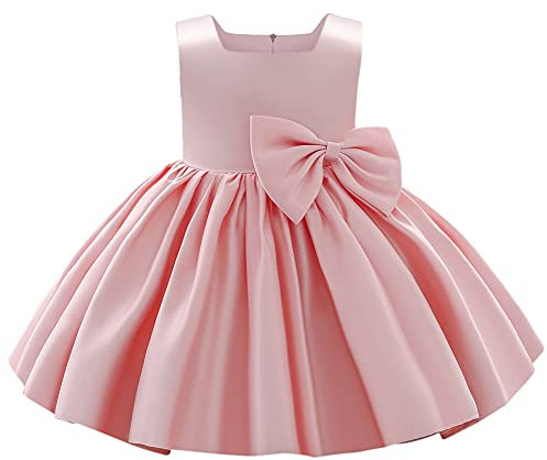 IMEKIS Vestito da Ragazza di Fiori Principessa Raso Bowknot Tutu Matrimonio Compleanno Festa Battesimo Abito Bambina Abito da Ballo Formale da Spettacolo Rosa 12-18 Mesi