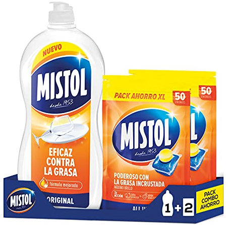 Mistol Pack Combo Ahorro - Mistol Original 900 ml + 100 Pastillas Lavavajillas. Limpia, desengrasa, desincrusta y abrillanta, dejando tu vajilla como nueva.