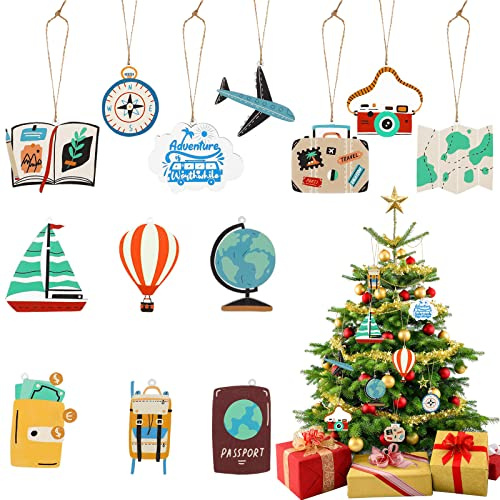 26 Pieces Christmas Ornaments Travel Themed Party Decorations Set Luggage Passport Camera Christmas Wooden Hanging Decors with Rope for House Xmas Tree Decorations Party Supplies (Stylish Style)