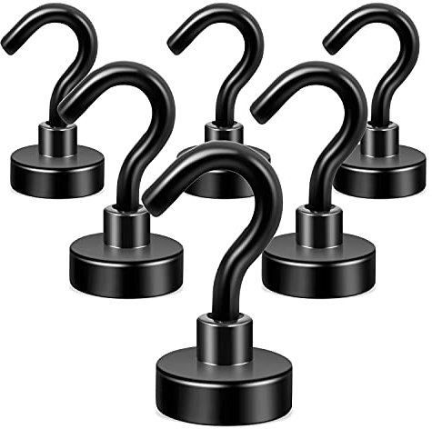 Neosmuk Schwarz Magnethaken,10kg+Extra Stark Magnet Haken für Grill, Neodym für Gadgets,Gross Magnetischer Halter für Küche,Klein Haken Magnetisch(6 Stück)