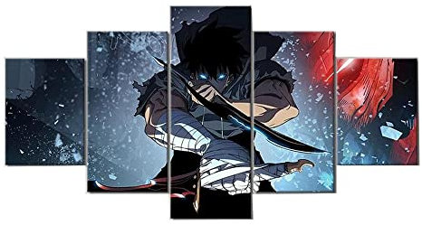 MPPSU Solo Leveling Sung-Jin-Woo Anime-Poster Wanddekoration Wohnzimmer Leinwandbild Jugendzimmer Poster Set Modern 5 Teiliges Wandbild Bedroom Decor XXL Bilder Mit Rahmen 100 * 50cm