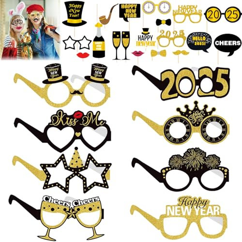 Mecctuck 28 Stück Silvester Deko, Silvester Brille 2025, Partybrille, Lustige Brillen, Partybrille Silvester, Silvester Foto Requisiten 2025, Silvester Partybrille für Silvester