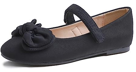 Feversole Girls Cute Dress, Mädchen süßes Kleid Mary Jane Schuhe weiche Party Urlaub Ballerinas Runde Spitze Stretchy,Softschleife Schwarz Größe 32 EU