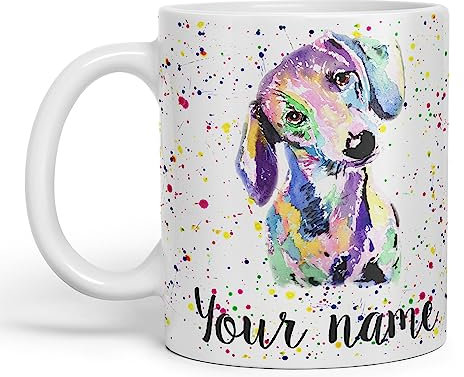 Vixar Personalised with Your Text Dachshund Sausage Dog Wiener Badger Pet Watercolour Art Coloured Ceramic Mug Cup Gift 330ml 11oz Custom Work Office Tea Coffee (White)