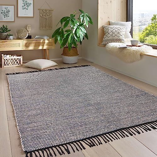 Taracarpet Handwebteppich Borkum Teppich fürs Wohnzimmer, Schlafzimmer und als Küchenteppich geeignet 100% Baumwolle grau 120x170 cm
