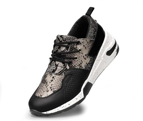 LUCKY STEP Damen-Sneaker mit hohem Absatz und Keilabsatz, modische Cliff-Plattform, Retro-Schnür-Freizeitschuhe (Schwarz/Gold Schlange, 11US-41EU-8UK)