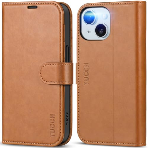 TUCCH Hülle für iPhone 15 Handyhülle 2023 [Magnet] TPU [Kartenfächer] [Ständer] [RFID Blocker], Stoßfeste Schutzhülle Lederhülle Klappbar Kompatibel mit iPhone 15 5G (6,1 Zoll), Braun