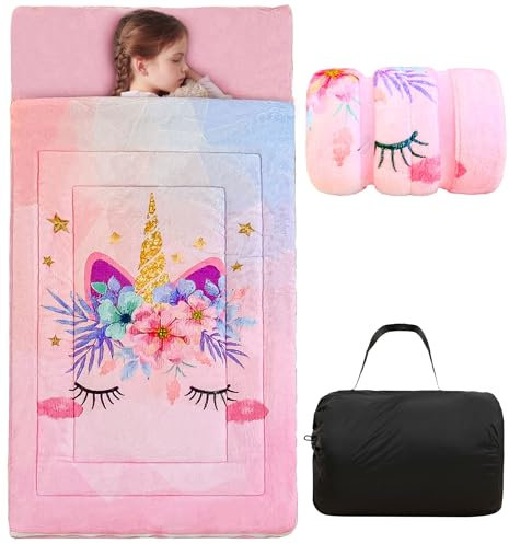 Einhorn-Schlafsack für Mädchen, rosa Blumenmuster, weiches Plüsch-Fleece, Kleinkind-Schlafmatte für Vorschule, Kindertagesstätte, Übernachtungen, tragbare Schlafmatten mit Tragetasche