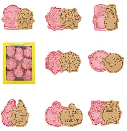 JFAN Moldes Galletas Halloween 8 Piezas 3D Plástico Juego de Cortadores Galletas Moldes Prensables Cortadores Cookies Fondant Reutilizable Halloween,M