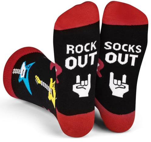 Wansruee Unisex Rock Out Socks Out Socks Funny Novelty Calf Letters Guitars Print Socks Gifts Presents For Men Women Music Fans
