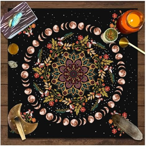 Yurosiay Tarot Tischdecke Mysteriöse Schwarz Astrologie Tischdecke Mond Sonne Blumen Bedruckte Tarot Altar Tuch Vintage Altartuch Tarotkarten Quadratisch Weissagung Tischdecke 49×49cm 4#