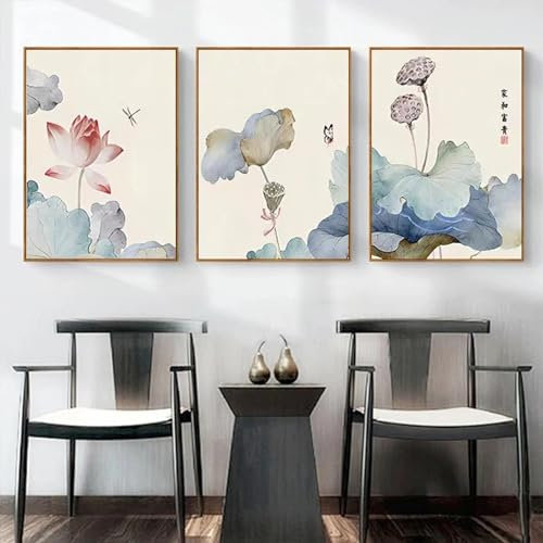 Yangld Traditioneller chinesischer Stil, Lotusblume, Lotusblatt, Leinwandgemälde, Poster und Drucke, Wandkunst, Bild, Raumdekoration, 15,7 x 19,6 Zoll (40 x 50 cm) x 3, ohne Rahmen
