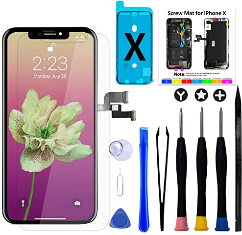Display für iPhone X Bildschirm 5,8 FHD COF LCD Touch Digitizer Ersatz | FHD LCD, feines sensibles Touch, stabil langlebig, 3D Touch, Reparaturset, Schutzglas und Dichtung für Bildschirmreparatur