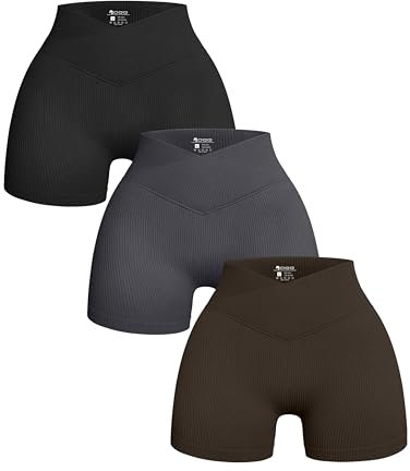 OQQ 3-teilige Yoga Shorts für Damen Gerippt Nahtlos Workout Hohe Taille überkreuzte Athletische Shorts Schwarz Grau Dunkelbraun
