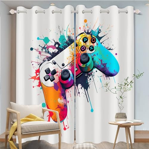 FABTOP Gamepad Vorhänge Gamer Fenstervorhang Gaming Schlafzimmer Gamer Videospiele Vorhang Gamepad Verdunkelungsvorhang Gamepad Kinder Blickdichte Vorhänge (5,280×245BxH (140×245cm×2))
