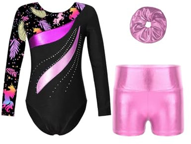 Freebily Body da Ginnastica Artistica Bambina con Pantaloncini Sportivi Lucidi Body Danza Classica Ginnastica Ritmica Maniche Lunghe Balletto Leotards Abito da Pattinaggio Rosa 5-6 anni
