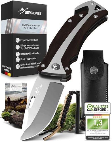 BERGKVIST® K30 Couteau pliant (couteau multifonction 3-en-1) - Couteau de survie pour la chasse, le camping ou la randonnée - manche en bois d'ébène - avec pierre à feu & étui
