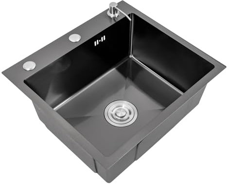 ROGONPDK Juego de fregadero de cocina de acero inoxidable, juego de fregadero de cocina, color negro, fregadero de acero inoxidable, fregadero con dispensador de jabón, 50 x 45 x 20 cm, negro