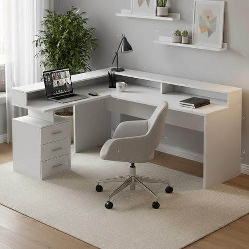 Dmora - Schreibtisch Salomone, Eckschreibtisch mit Platte, Mehrzweck-Büroschreibtisch, 180x90h160 cm, Weiß