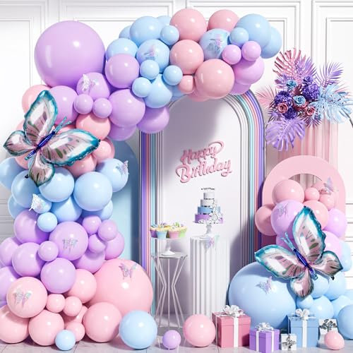 Kit Guirlande Arche Ballon Pastel, 106 Pcs Ballons Latex Rose Bleu Violet avec Ballons Aluminium Papillon pour Fille Anniversaire Mariage Baby Shower Fête Décoration