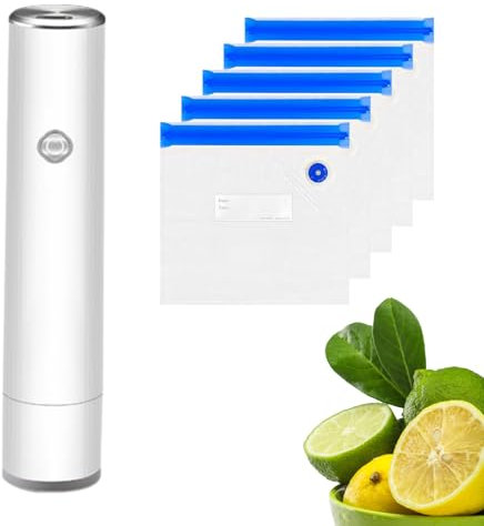 ZKIRON OneTouch Handheld Vacuum Sealer Machine, 5 PCS Reusable Bags Food Storage Set- Auto Start/Stop, Portable Design, Food Sealer for Food Saver, Sous Vide Cooking (White)