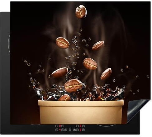KitchenYeah© Protezione Piano Induzione 57x51 cm Cucina Copri Fornelli Proteggi di Cottura Antiscivolo Tappetino Caffè - Chicchi - Tazza