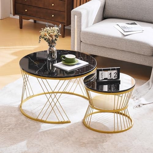 Merax Couchtisch 2er Set, Hochglanz Wohnzimmertisch, Coffee Table mit Stauraum, für Wohnzimmer, Balkon, Metallgestell, Gold und Schwarz