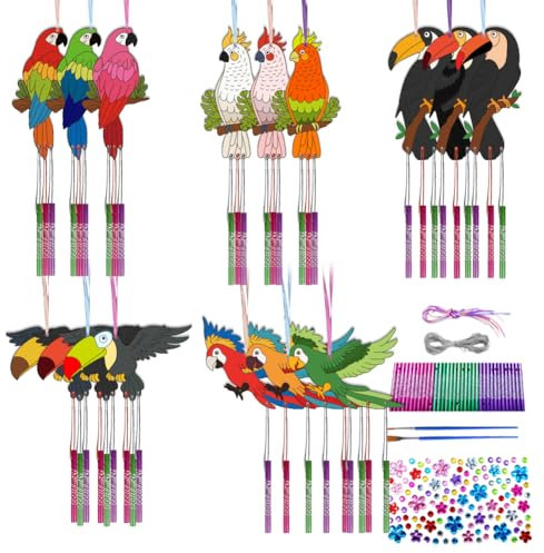 CHGCRAFT 15 Set Vogel Windspiel Set Mit Papagei und Tukan Zum Bemalen Aus Holz Windspiel Aus Holz Basteln für Künstlerische Aktivitäten Geburtstagsparty Dekoration