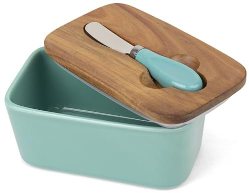 GMYIAK Butterdose mit Holzdeckel, Multi-Funktion Butter Dish, Porzellanbutterbehälter mit luftdichtem Verschlussdeckel und Edelstahl-Buttermesser, Dekoration und Zubehör für die Küche(blau)