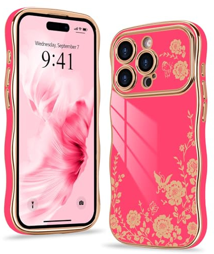 Wirvyuer for iPhone 13 Pro Max Case Plating Wave Frame Floral, Rose Red | Cute Flower Phone Case Curly Frame with Luxury Gold Plated Bumper, Shockproof Raised Full Camera Protection Cover for Women