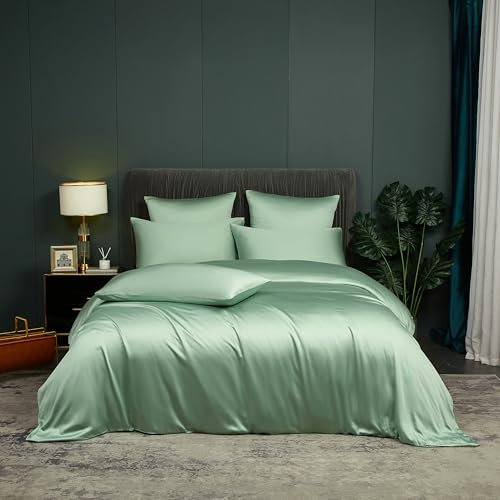 DXHOME Bambus Bettwäsche 135x200 Grün Uni Einfarbig Luxus Bambus und Mikrofaser Seidig Bettwäsche Weich Atmungsaktiv Glänzend Bambusfasern 2teilig mit Reißverschluss und 80x80 cm Kissenbezug