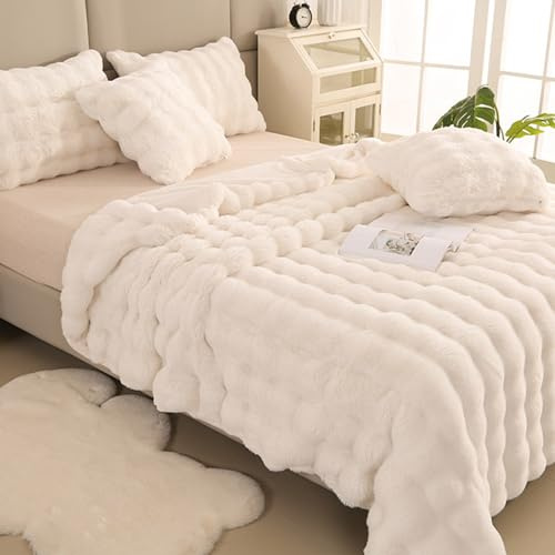 ZHANGXIAOMIN Bubble Decke Weiß Kuscheldecke Flauschig Fellimitat Decke für Bett und Sofa (beige weiß, 180 x 200 cm)