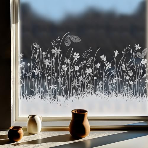 Funlife Fensterfolie Pusteblume, Selbstklebend Glasfolie Statische fensterfolien, Reines Weiß Fenstersticker für Wohnzimmer Schlafzimmer Küche Bad, Wiese und Schmetterlinge
