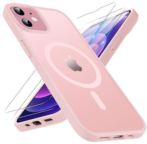 TQIAHF Magnetic Phone Case for iPhone 12/iPhone 12 Pro Case with 2 Tempered Glass Screen Protector Compatible with MagSafe Military Grade Translucent Matte Phone Cover for iPhone 12/12 Pro,Pink