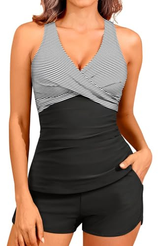CheChury Tankinis Mujer Traje de Baño 2 Piezas Bañador Reductor Vientre Plano Bikini Push Up con Aros con Pantalones Cortos Tankini Cuello V Correas Cintura Alta Bañadores Deportivos Mujer Natacion