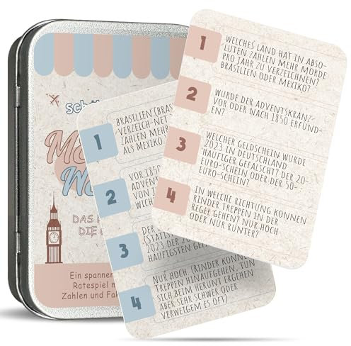 BIROYAL Gesellschaftsspiele für Erwachsene, Mehr oder Weniger Kartenspiel (192 Fragen), Spiele für 2 Personen, Wavelength Spiel, Urlaubsspiele, Strandspiele Erwachsene, inkl 48 Karten & Metallbox