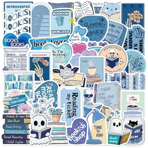 50Pcs Blue Bookish Stickers Pack - Waterproof Vinyl Kindle Stickers for Readers, Reusable Book Lover Accessories (No Repeat Designs) Journal, Laptop, Water Bottle Decal Gift Ideas