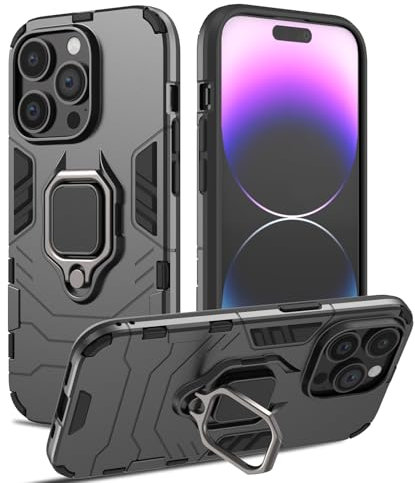 RIIMUHIR Case for iPhone 14 Pro Max, Shockproof Cover with 360° Metal Ring Stand, Anti-Scratch Hard Protective Case, Full Body Bumper Case with Camera Protection (Black)