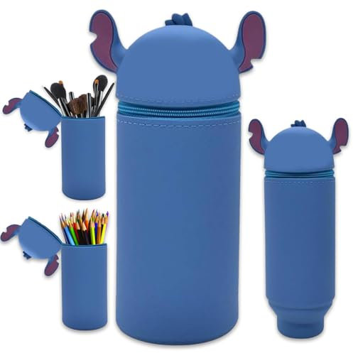 TELAOBAN 2 in 1 Niedliches Stand Up Federmäppchen, Cartoon Tischstifthalter, Silikon, Blau