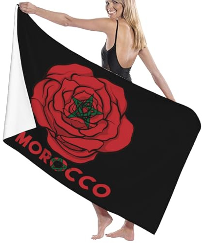 IUBBKI Strandtuch mit marokkanischer Flagge und Rosen, schnelltrocknend, für Dusche, Schwimmen, Badetücher für Erwachsene, Hotel, Fitnessstudio und Spa, Mehrzweckhandtücher, 81,3 x 132,1 cm