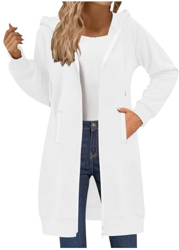 RLEHJN Full-Zip Hoodie Damen Oversized Sweatjacke Einfarbig Zip up Kapuzenpullover mit Taschen und Kordelzug Y2K Mode Lange Sweatjacke Outwear Langen Mantel Jacke Übergangsjacke mit Kapuze