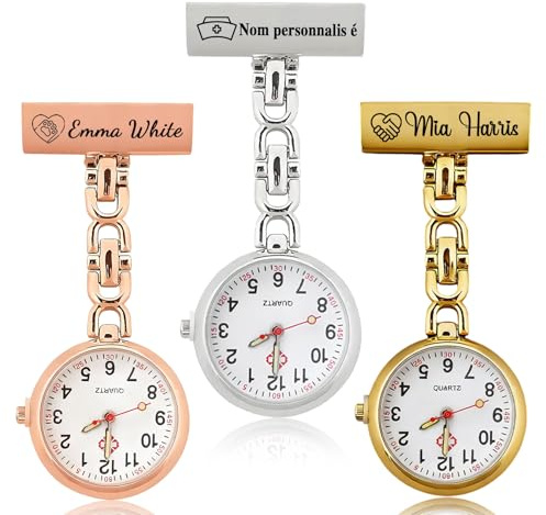 QSZ Personnalisé Montre Infirmiere pour Blouse avec Broche, Nom et Texte Personnalisables Montres Trotteuse Infirmière Personnalisée pour Aides Soignantes